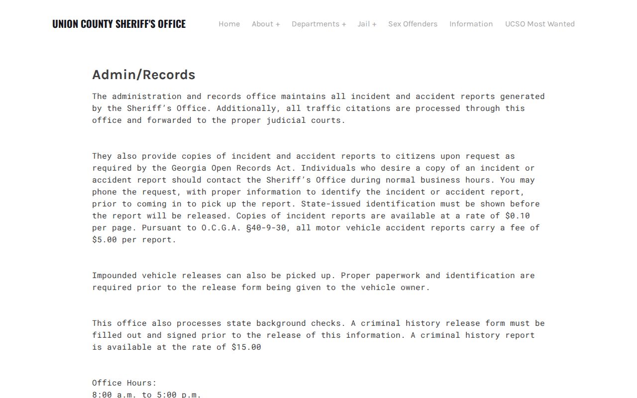Union County Sheriff's Office Admin and Records services page