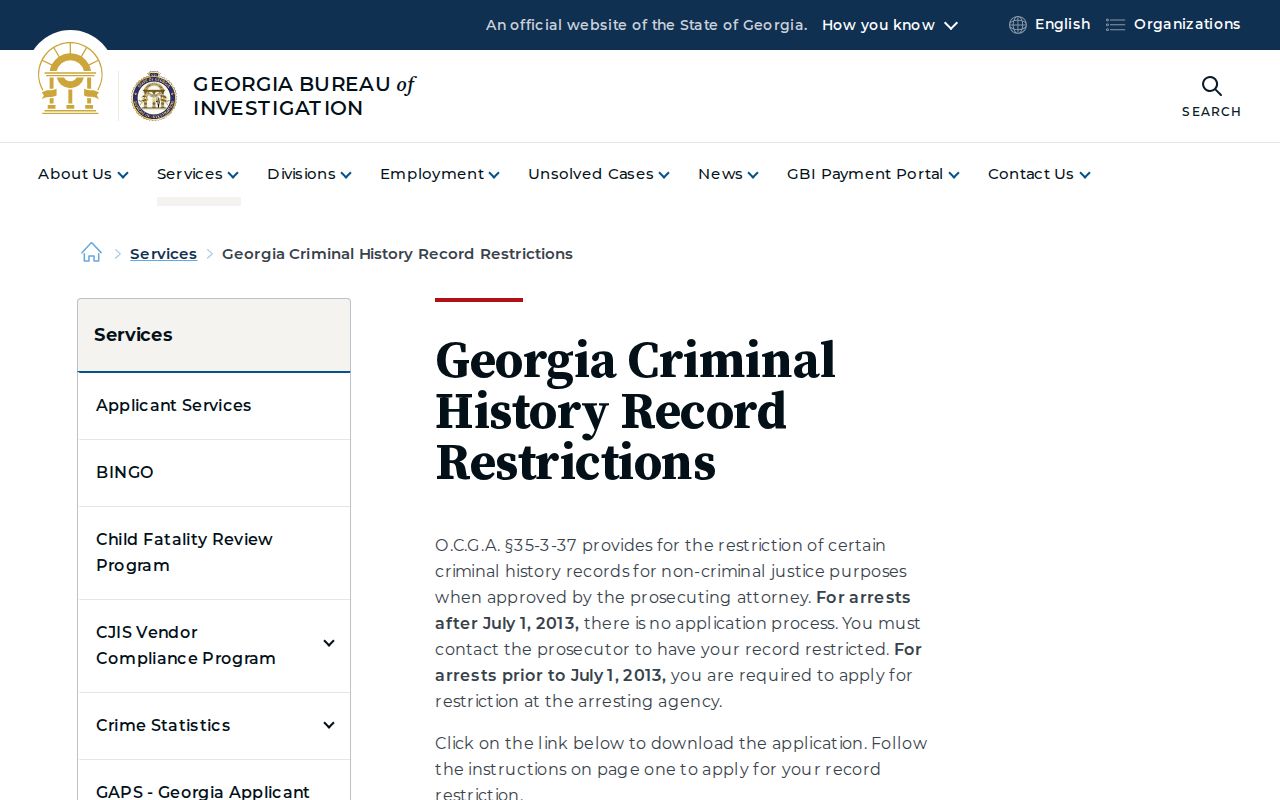 Georgia Bureau of Investigation record restriction instructions