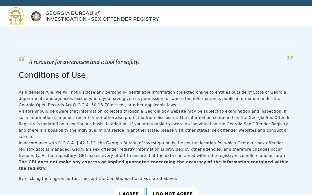 Official Georgia Sex Offender Registry search conditions page